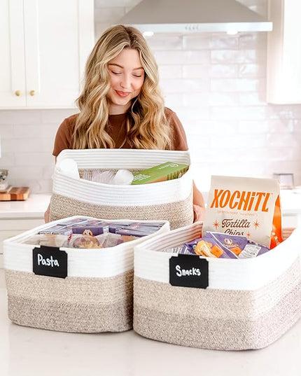 NaturalCozy Storage Baskets 16.8”x13”x7.6” Cotton Rope Woven Baskets for Organizing 3-Pack | Toy Storage Bins | Basket for Shelves, Laundry, Blanket, Clothes, Closet, Kitchen, Bathroom, Gifts