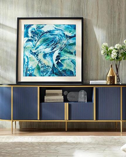 OKD Luxury 70" Fluted TV Stand, Modern Chic Entertainment Center for TVs Up to 80 inches, TV Console with Faux Marble Top, Curved Profile Design, Media Console for Living Room, Navy Blue