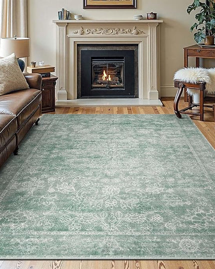jinchan 8x10 Machine Washable Area Rugs for Living Room – Vintage Floral Soft Stain Resistant Low Pile Rug, Non Slip Ultra-Thin Carpet for Bedroom, Dining Room, Home Office, Nursery (8'x10', Green)