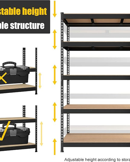 PrimeZone 48" x 24" x 72" Heavy Duty Storage Shelves - 5 Tier Adjustable Garage Storage Shelving, Metal Storage Utility Rack Shelf Unit for Warehouse Pantry Closet Kitchen, Black