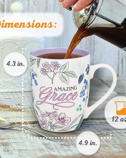 Christian Art Gifts Inspirational Ceramic Coffee & Tea Mug for Women: Amazing Grace, Cute Encouraging Lead-free Microwave & Dishwasher Safe Drinkware, White & Lavender Purple Multicolor Floral, 12 oz.