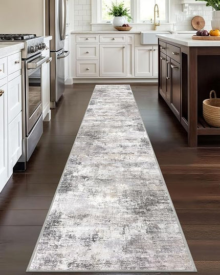 IOHOUZE Abstract Runner Rug 2x12 Ft Washable Runners for Hallways, Non Slip Kitchen Runner Printed Faux Wool Entryway Runner Indoor, Modern Abstract Floor Carpet for Hall Kitchen, Grey Beige
