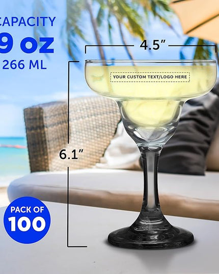 DISCOUNT PROMOS 100 Margarita Glasses Set, 9 oz. - Personalized Text, Logo - Classic, Smooth, Barware, Glassware - Black