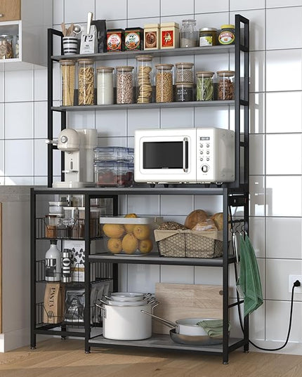 Baker Rack with Power Outlet,5-Tier Kitchen Utility Storage Shelf with Hooks,Microwave Oven Stand with Storage,Kitchen Shelf with Basket