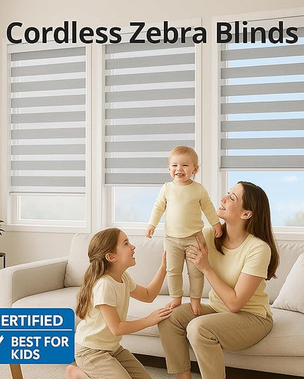 ShadesU Cordless Zebra Blinds for Windows, 34" W x 72" H, Grey, Dual Layer Free-Stop Zebra Shades, Light Control for Day and Night, Sheer Blinds for Indoor Windows, Bedroom, Kitchen