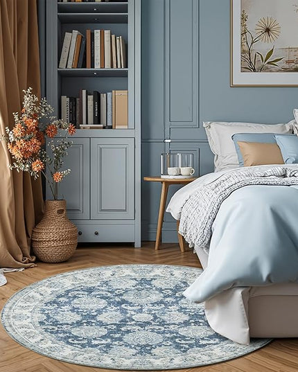 jinchan Fiora Round Rug 5ft Area Rug - Indoor Vintage Hallway Circle 5' Washable - Ultra-Thin Low Pile Soft Small Non Slip Distressed Floral Print for Living Room Bedroom Entryway Dark Blue