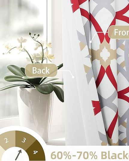 DriftAway Alexander 80% Blackout Curtains for Living Room 250GSM Pattern Match Thermal Insulated Room Darkening Geo Moroccan Mid Century Grommet Bedroom Drapes 2 Panels 52 Inch by 102 Inch Red Gray