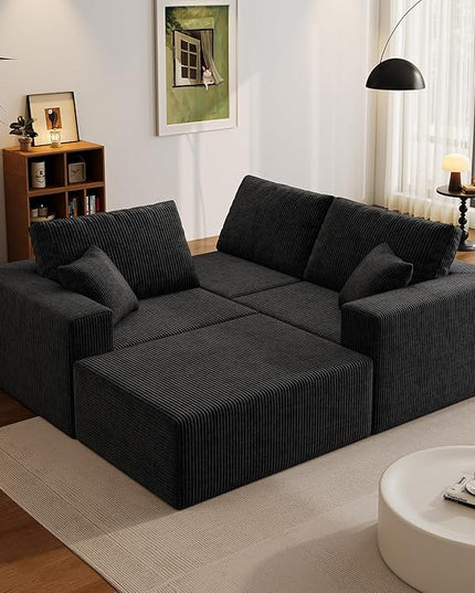 110" Boneless Cloud Sectional Couch for Living Room, Compressed Modular L-Shaped Sofa with Deep Seat, Frameless Corduroy Couch in Boxes, No Assembly Required 3-Seater (Left-Facing Chaise, Black)