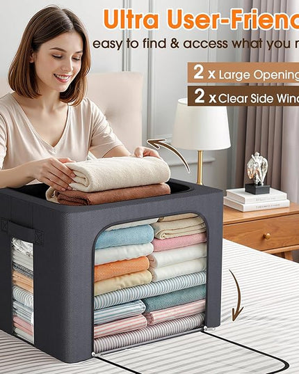 8 Pack Clothes Storage Bins with Metal Frame,40L Storage Bags Fabric Box Organizer with Clear Window,Zippers,Sturdy Handles(8 Pcs,Light Grey,40L)