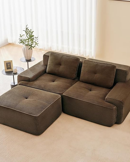 82" Convertible Modular Couches, Deep Seat L Shaped Sofas for Living Room, Modern 2 Seater Love Seat Sofa with 1 Ottoman for Small Space, Comfy Cloud Sectional Sofa Set, Corduroy Fabric Brown