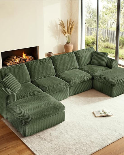 138” Modular Sectional Sofa Couches U Shaped Couch 4 Seater Cloud Sofa Memory Foam Sectional Couches for Living Room, Boneless Couch with Ottoman, Corduroy, Green