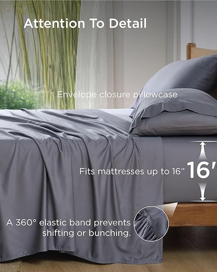 Bedsure Queen Sheet Set, Cooling Sheets for Queen Size Bed Set, Rayon Derived from Bamboo, Breathable & Soft, Deep Pocket Up to 16", Hotel Luxury Silky Bedding for Hot Sleepers, Dark Grey