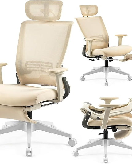 Foldable Office Chair with Foot Rest, Ergonomic Office Chair with Adjustable Lumbar Support, Headrest, Armrest, Home Office Desk Chair for Space Saving, Work from Home, Cream