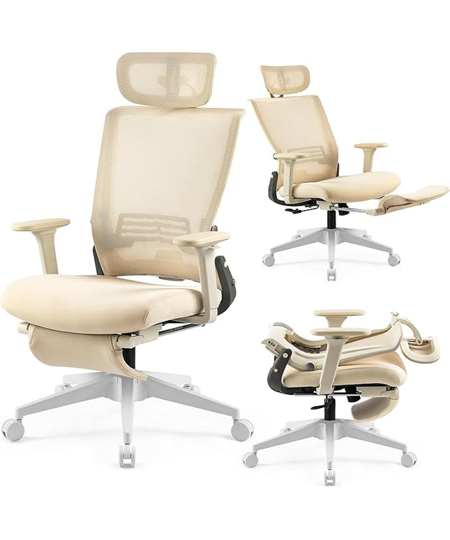 Foldable Office Chair with Foot Rest, Ergonomic Office Chair with Adjustable Lumbar Support, Headrest, Armrest, Home Office Desk Chair for Space Saving, Work from Home, Cream