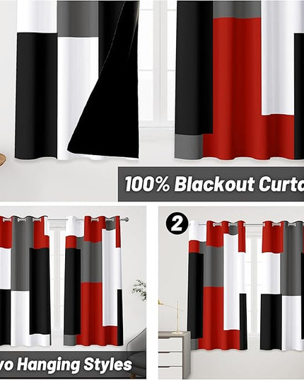 Red Black 100% Blackout Curtains 45 inch Length 2 Panels Set White Grey Modern Abstract Geometric Drapes for Kitchen Black Out Curtains Insulated Room Darkening Small Window Curtains, 52Wx45L