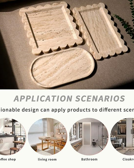Natural 100% Marble Vanity Tray Luxury Scalloped Marble Storage Square Rectangle Tray for Home Decor Stone Tray for Bathroom/Kitchen/Candle Key (Rectangle-11.8 * 7.4-Beige Travertine)
