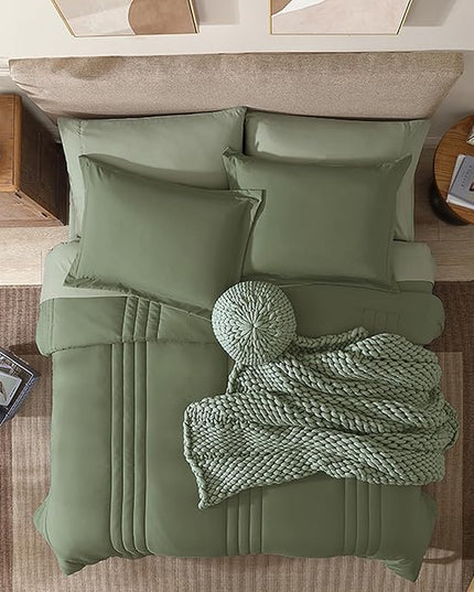 Monbix Queen Comforter Set - 7 Pieces Light Sage Green Bed in a Bag Queen Bedding Sets with Comforters, All Seasons Down Alternative Comforter Bed Set with Sheets, Pillowcases & Shams