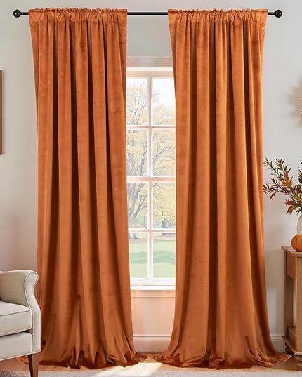 KOUFALL Rustic Autumn Velvet Black Out Curtains 96 Inch Long 2 Panel Set for Sliding Glass Doors,Blackout Pleated 8FT Length Floor to Ceiling Track Curtains with Hooks Mount System