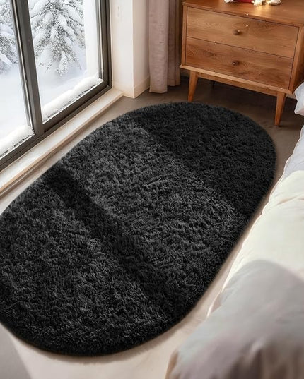 Ophanie 3x5 Oval Black Rugs for College Dorm, Bedroom Small Area Rug, Non-Slip Fluffy Shaggy Bedside Soft Shag Fuzzy Plush Carpet for Kids Boys Teen Home Decor Aesthetic, Nursery