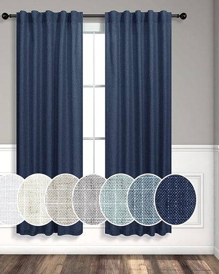 Navy Curtains 38 Inch Width for Kitchen Door 2 Panel Back Tab Pocket Semi Sheer Linen Light Filtering Skinny Small Window Curtain for Bedroom Closet Laundry Basement Bathroom Wide 38x63 Long Dark Blue