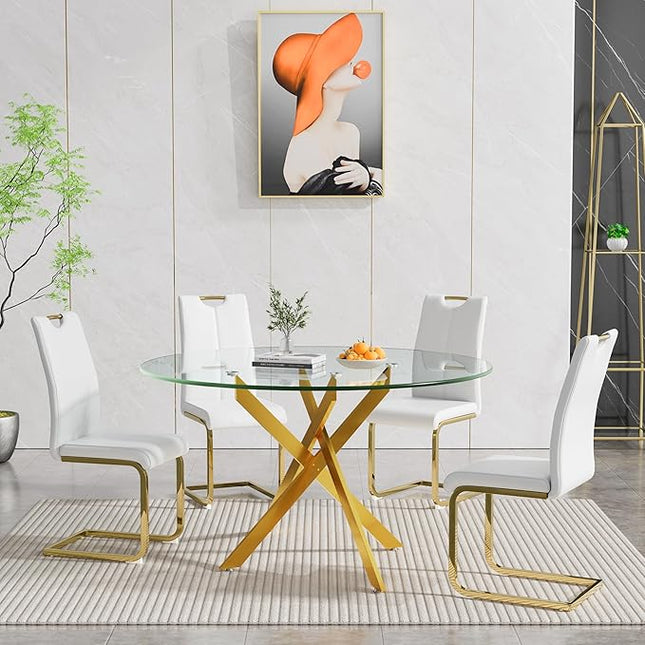 HomVent 5 Piece Round Glass Dining Table Set, Round Glass Kitchen Table Set for 4 with 4 PU Upholstered Dining Chairs for Kitchen Dining Room