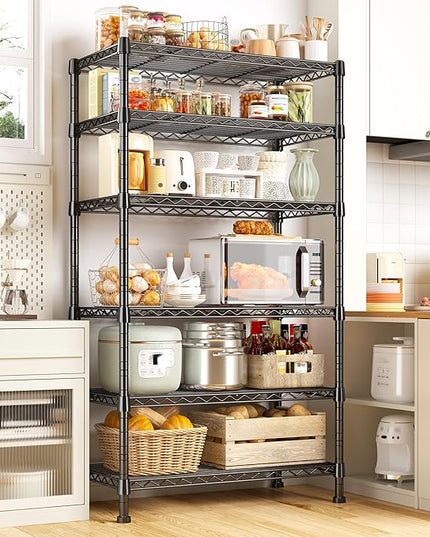 REIBII 6-Tier Storage Shelves Metal Shelving for Storage Load 1000 LBS,Wire Shelves Heavy Duty Shelving Unit Adjustable Pantry Shelf Bathroom Kitchen Garage 24" W x 14" D x 71" H, Black