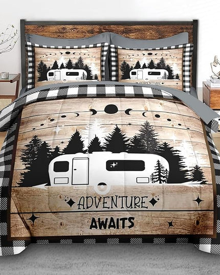 Comforter Set Queen Size, Camper Rv Camping 7 Pcs Bedding for Kids and Adults, Car Bed Sheet Sets with Fitted Sheet 2 Pillowcases & 2 Shams for Bedroom Bed Decor