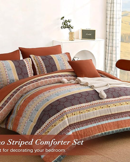 Cottolester Boho Comforter Set King Size,8 Pieces Red and Orange Bohemian Striped Bed in a Bag,Paisley Soft Microfiber Bedding Comforter Set