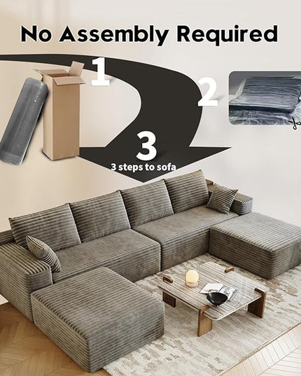 139.4" Modular Sectional Sofa, U-Shaped Minimalist Couches with 2 Ottomans Chaise, Modern Deep Seat Convertible Sleeper Sofa Bed,Cloud Plush Corduroy Fabric, No Assembly Required, 6 Seater, Camel