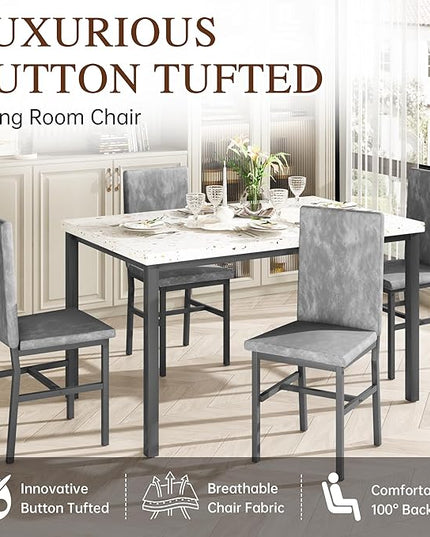 AWQM Dining Table Set for 4, Modern Marble Dining Table Set with 4 Upholstered Velvet Chairs,Dining Room Table Set for Kitchen, Breakfast Nook, Dining Room, Grey