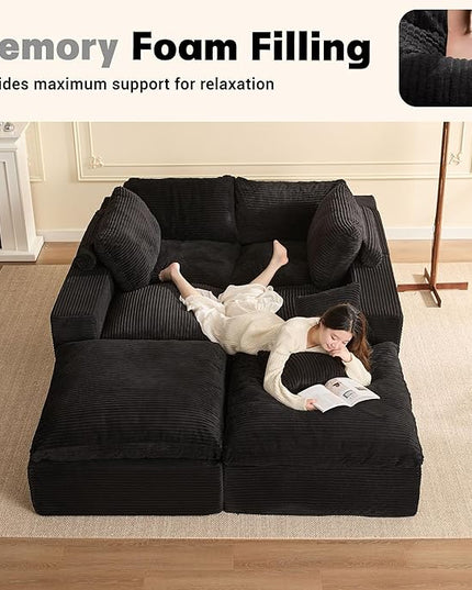 137.8” Sectional Couches for Living Room, Cloud Couch, Modular Sectional Sofa, Convertible Sofas Bed, Deep Seat Sofa, U Shaped Cozy Sofa Furniture Set, Corduroy, Black