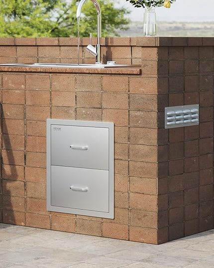 VEVOR Outdoor Kitchen Drawers, 17.8W x 20.2H x 12.2D Inch, Flush Mount Double BBQ Drawer, Stainless Steel BBQ Island with Handle, for Outdoor Kitchens or Patio Grill Station
