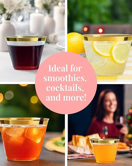 Prestee Hard Disposable Cups - Heavy Duty Fancy Plastic Cups - Plastic Cocktail Drinkware - Disposable Drinking Cup 9 oz - Bulk Drinking Glasses for Wedding - 200ct Gold Tumblers