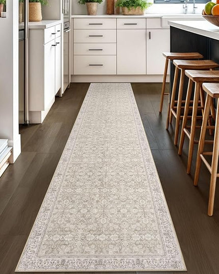 2x10 Washable Runner Rug for Kitchen, Cream Beige White Grey Soft Classic Runner with Non-Slip, Non-Shedding Distressed Floral Rug for Hallways Entryway Bedroom Laundry Indoor