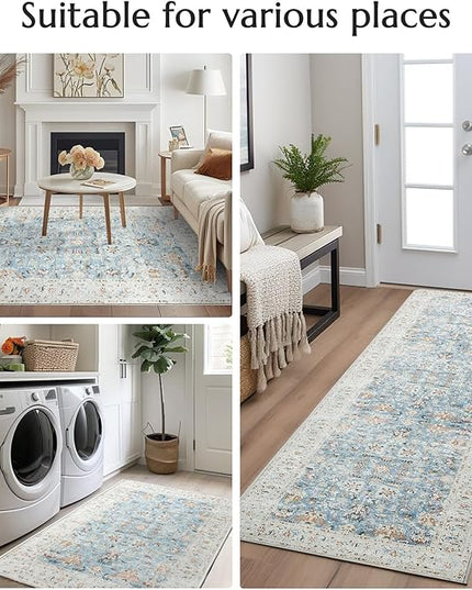 jinchan Hallway Runner Rug 2x10 - Vintage Kitchen Rug Washable Runner Floral Boho Floor Cover Lightweight Non Slip Thin Retro Distressed Carpet for Bathroom Laundry Room Bedroom Stairway Light Blue