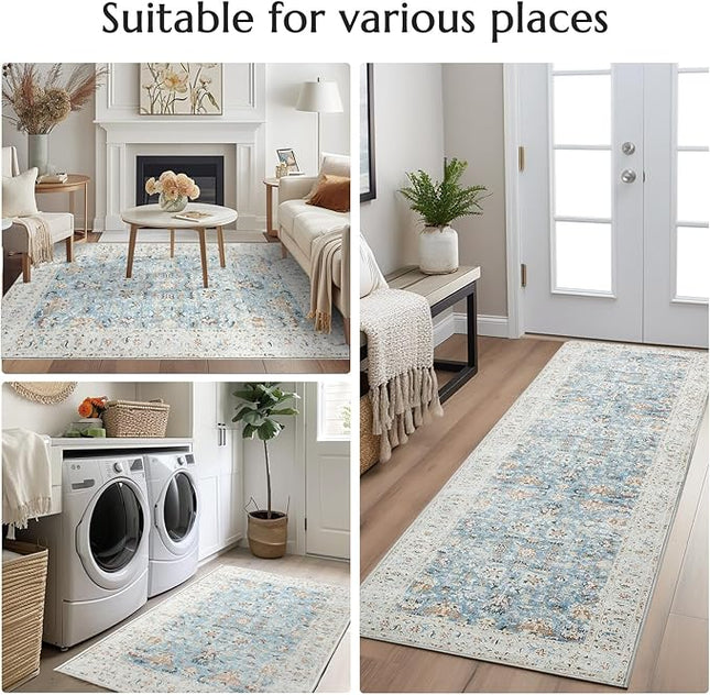 jinchan Hallway Runner Rug 3x10 - Vintage Kitchen Rug Washable Runner Floral Boho Floor Cover Lightweight Non Slip Thin Retro Distressed Carpet for Bathroom Laundry Room Bedroom Stairway Light Blue