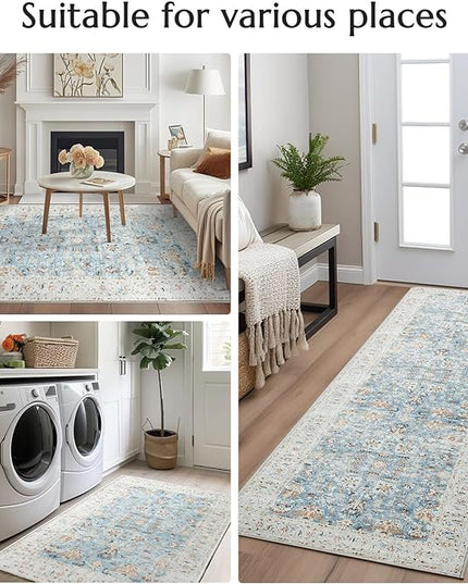 jinchan Area Rug 2x3 Entryway Rug - Washable Vintage Floral Doormat Small Door Mat Indoor Boho Lightweight Thin Non-Slip Retro Distressed Carpet for Doorway Kitchen Bathroom Bedroom Light Blue