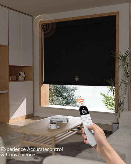 Boolegon Motorized Roller Blinds with Remote Control, Blackout Linen Fabric-Matched Automatic Roller Shades for Windows, Rechargeable Electric Window Shades for Home, Office, Black, Custom Now