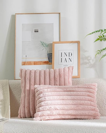 DEELAND Pack of 2,Double-Sided Faux Fur Plush Decorative Throw Pillow Covers Fuzzy Striped Soft Pillowcase Cushion Covers for Sofa Couch Bedroom