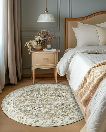 jinchan Fiora Round Rug 4ft Area Rugs Vintage Floral Distressed Design - Machine Washable Non-Slip Low-Pile Ultra-Thin Circle Rug for Entryway Bedside Living Room Dining Room Bedroom (4' Round, Taupe)