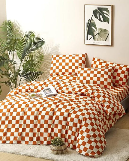 CLOTHKNOW Rust Beige Plaid Twin/Twin XL Comforter Set 3Pcs Grid Bedding Comforter Sets Soft All Season Checker Comforter with 2 x Pillow Cases