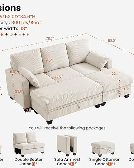CHIC HOUSE Corduroy Modular Sectional Couch with Ottoman Chaise, L/U Shaped Sleeper Sofa for Living Room, Apartment, Lounge, Modern Armrest Neck Support Furniture (6 Seater Sleeper, Beige)