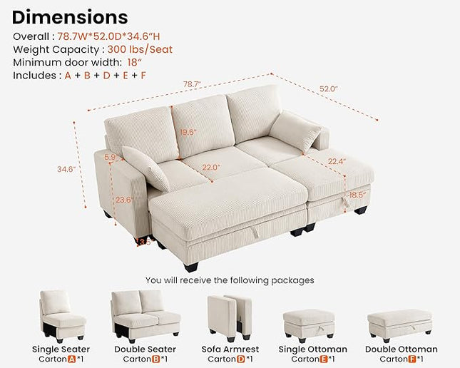 CHIC HOUSE Corduroy Modular Sectional Couch with Ottoman Chaise, L/U Shaped Sleeper Sofa for Living Room, Apartment, Lounge, Modern Armrest Neck Support Furniture (6 Seater Sleeper, Beige)