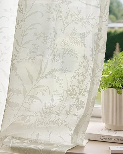 Anmao Beige Semi Sheer Light Filtering Curtains 102 Inches Long 2 Panels, Leaf Pattern Drapes for Living Room Bedroom, Rod Pocket Sheer Window Treatments with Floral Design, 52x102 Inch