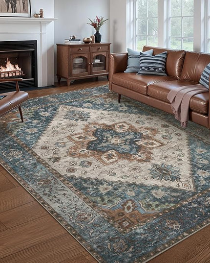 Ciicool 5x7 Area Rugs, Washable Area Rug Boho Rugs for Living Room Non-Slip Indoor Rugs Large Low-Pile Mat Floor Carpet Vintage Rug for Bedroom Office Dinning Foyer Decor