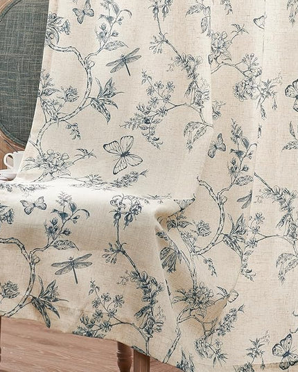 Lazzzy Linen Floral Farmhouse Curtains Blue Curtains 90 Inch Length Drapes for Living Room Bedroom Pattern Light Filtering Country Vintage Curtain Grommet Top, 2 Panels, Blue on Beige