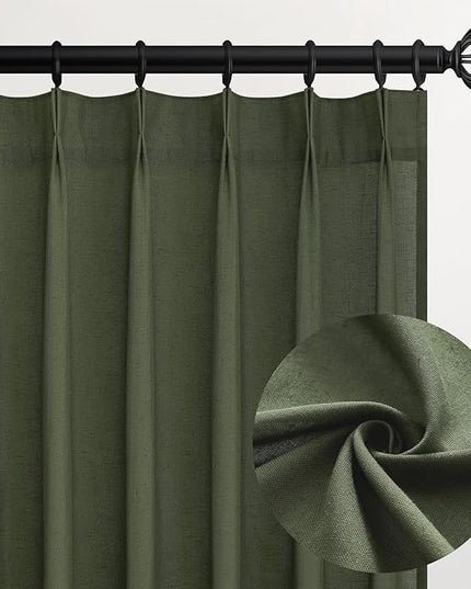 Topfinel Olive Green Pinch Pleated Semi Sheer Curtains Textured Linen Blended Light Filtering Window Curtains 108 inch for Living Room Bedroom Pinch Pleat Drapes with Hooks 2 Panels 9ft 40" Wx108 L