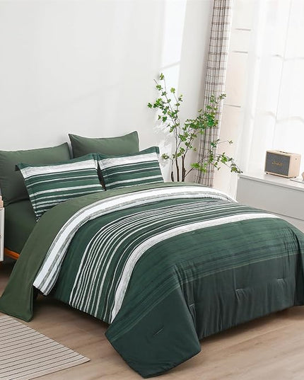 KAKIJUMN 7 Piece Bed in a Bag Stripe Comforter Set King Size, White Grey Green Patchwork Striped Comforter and Sheet Set, All Season Soft Microfiber Complete Bedding Sets(Dark Green,King)