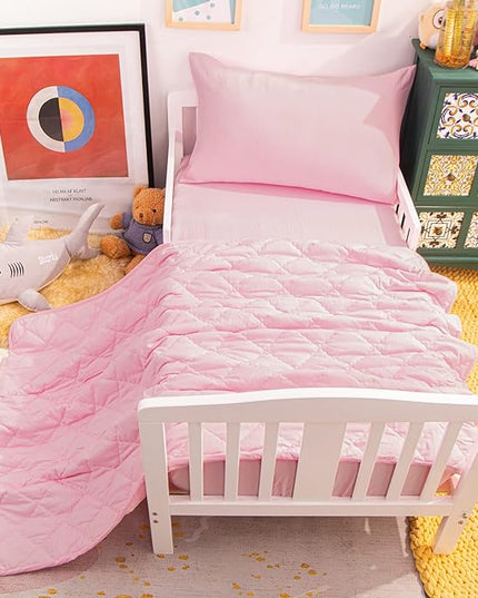 NTBAY Toddler Bedding Set - 4 Piece Soft and Breathable Crib Bedding Set for Boys and Girls, Includes Quilted Comforter, Fitted Sheet, Flat Top Sheet and Envelope Pillowcase, Pink