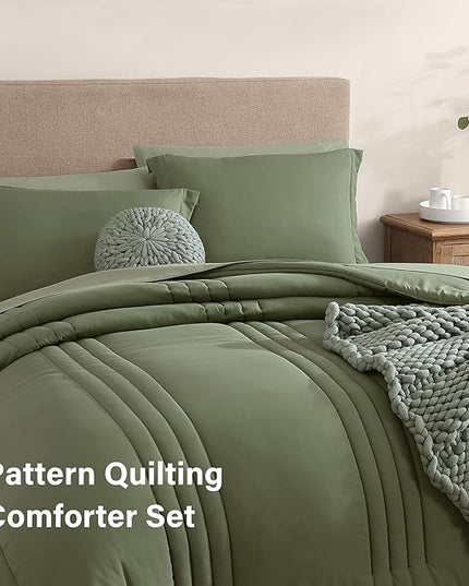 Monbix Full Comforter Set - 7 Pieces Light Sage Green Bed in a Bag Full Size Bedding Sets with Comforters, All Seasons Down Alternative Comforter with Sheets,Pillowcases & Shams